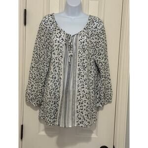 Como Vintage Boho Peasant Top XL – Gray Floral Stripe Tie Neck Blouse